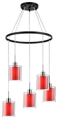 Alaina 5-Light Pendant Chandelier, Chrome/Bronze, Maroon Pleated Shade